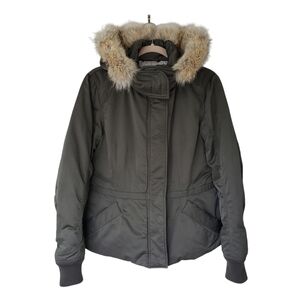Theory Parka Puffer Jacket Olive Green Down Insulation Hood With Coyote Fur